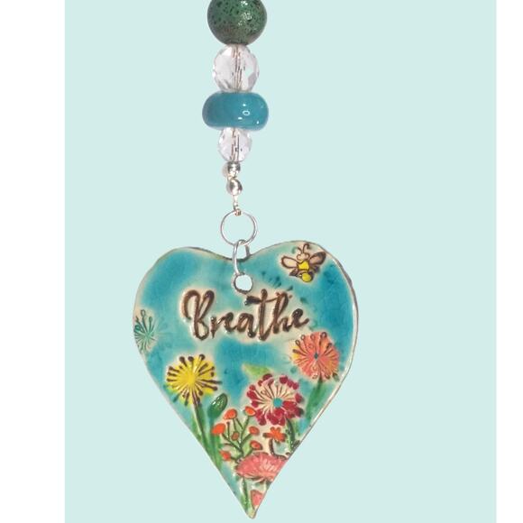 Artisan Ceramic Heart Suncatcher Says Breathe Ceramic Beads Clear Faceted Glass - Picture 2 of 15
